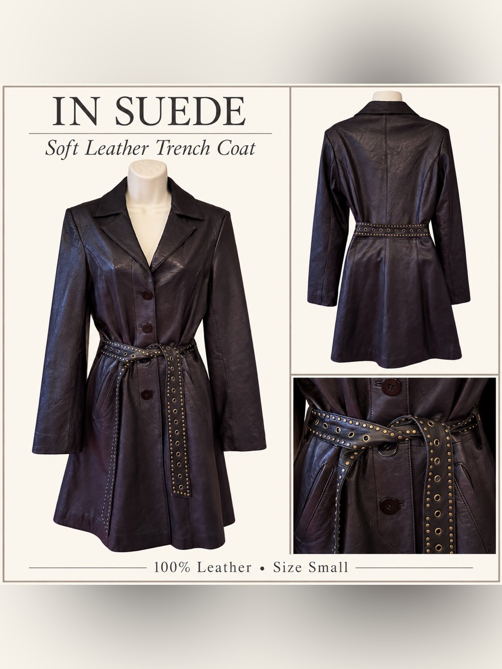 In Suede Womens Small Soft Leather Trench Coat Studded Grommet Belt Lined